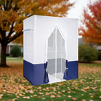 8-foot EZ Build Sukkah in white and royal blue mesh design with clear windows, shown outdoors in autumn setting