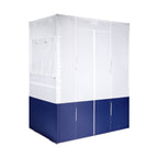 White and navy blue EZ Build QUEEN sukkah tent with clear window