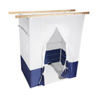 Two-tone white and navy EZ Build QUEEN sukkah with wooden schack beams