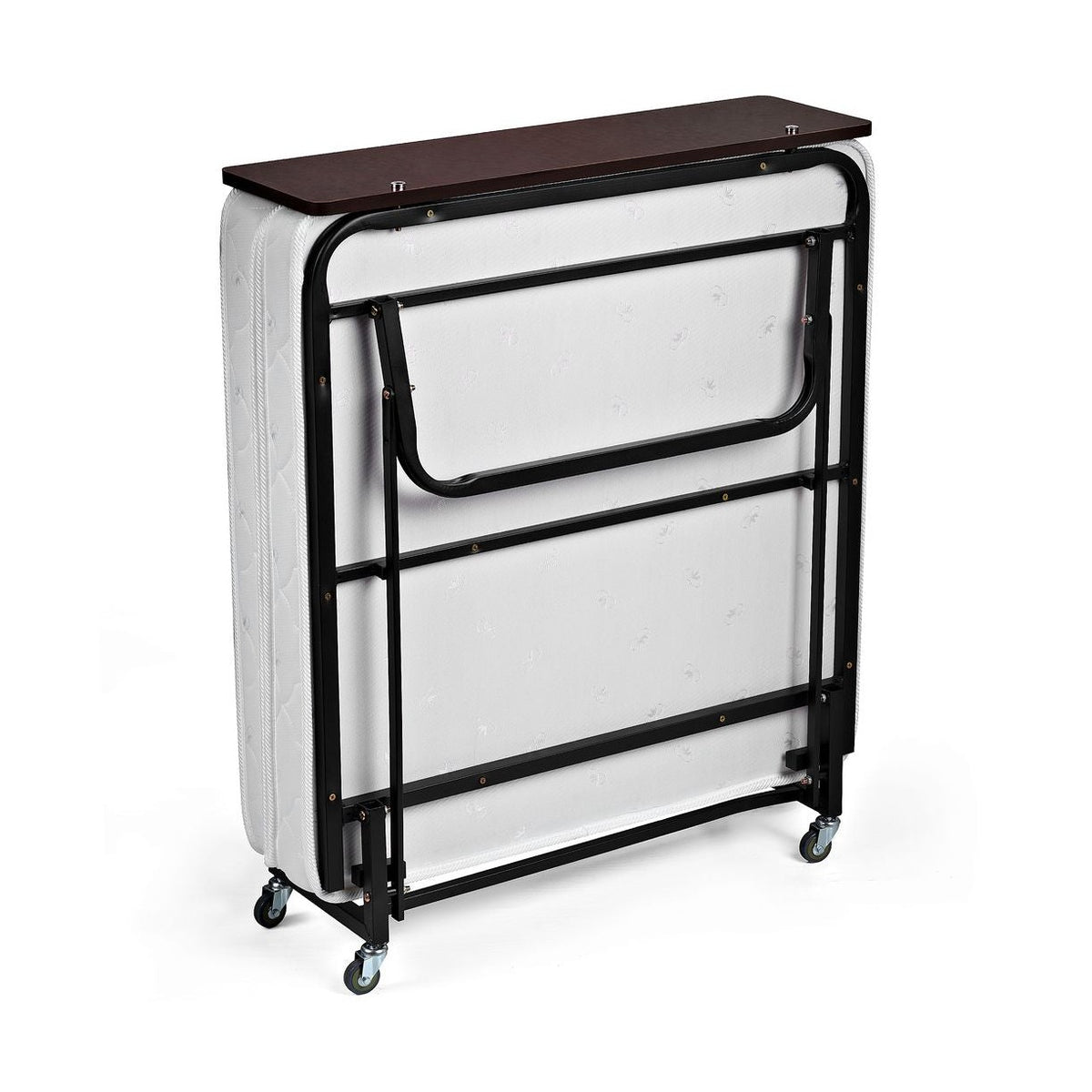 Compact folded folding bed with caster wheels for easy storage