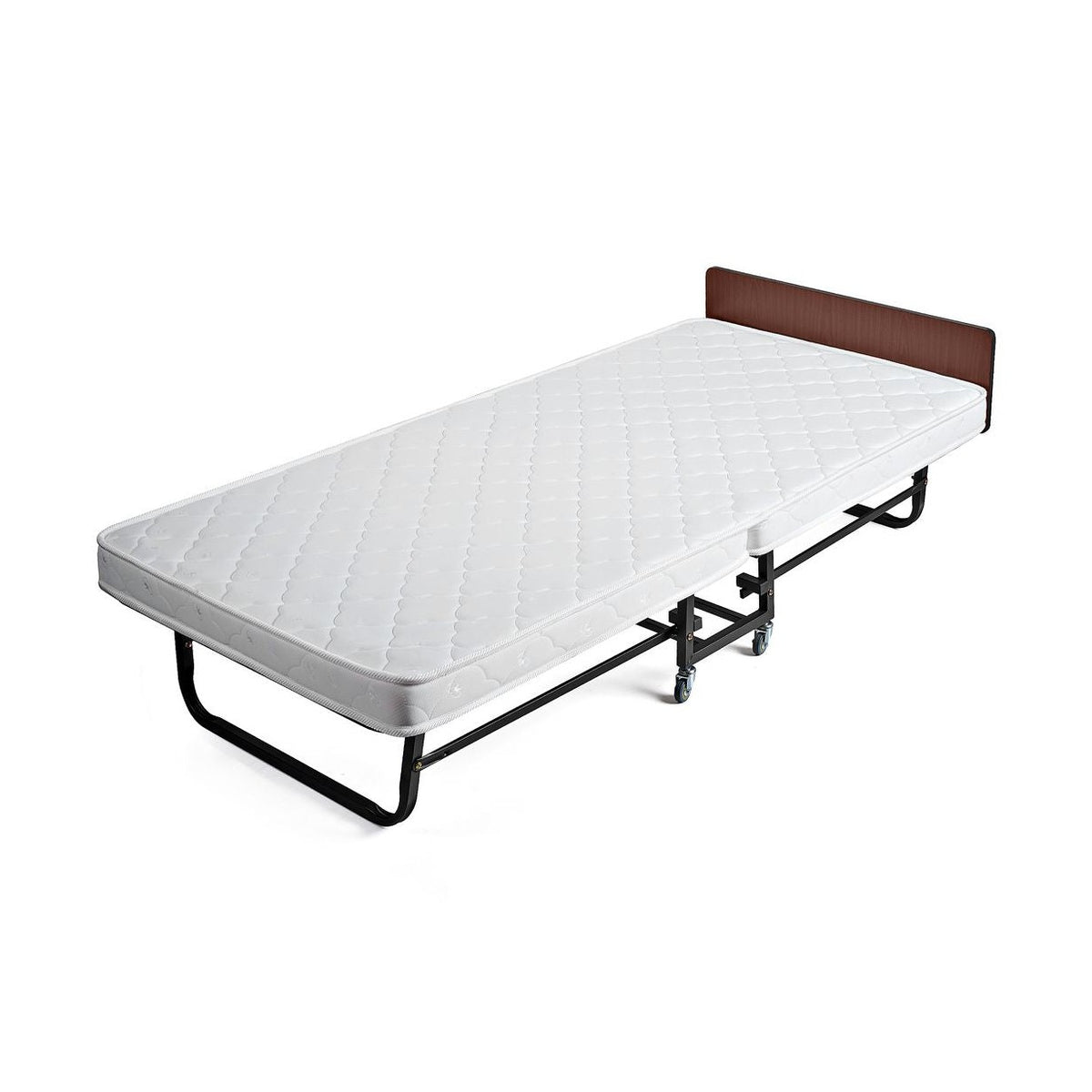 Unfolded full-size folding bed with quilted mattress and headboard