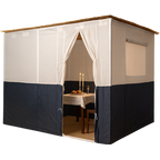 EZ Build Sukkah KING 8ft tall with two-tone cream and navy fabric, bamboo schach roof, and interior dining setup
