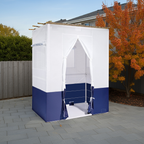 EZ Build QUEEN Sukkah with bamboo schach roof and two-tone white navy walls